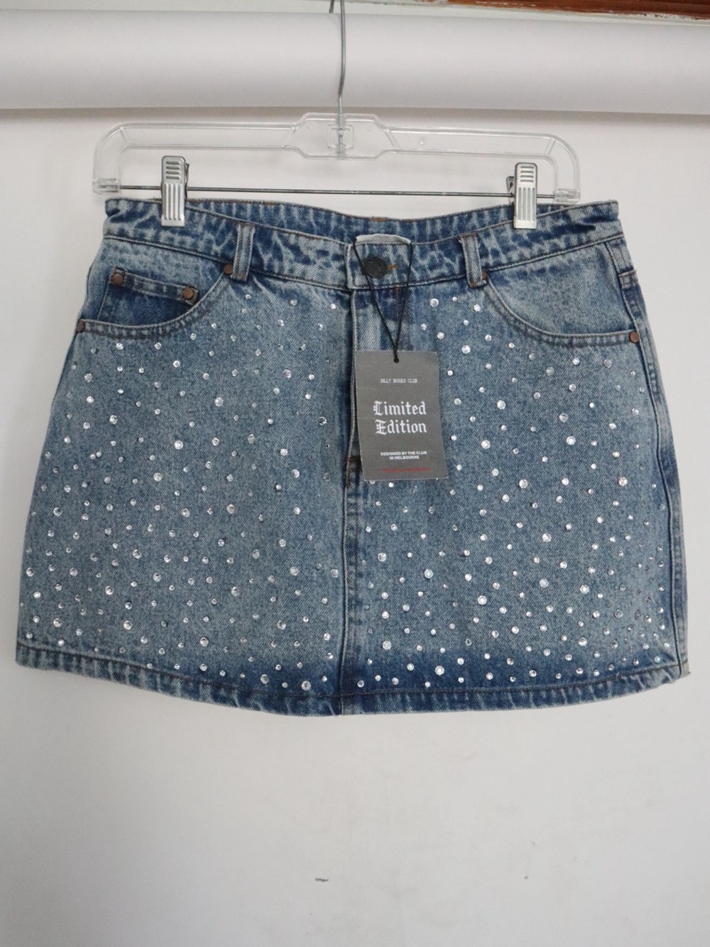 NWT Billy Bones Club Bedazzled Denim Mini Skirt - Picture 2 of 4